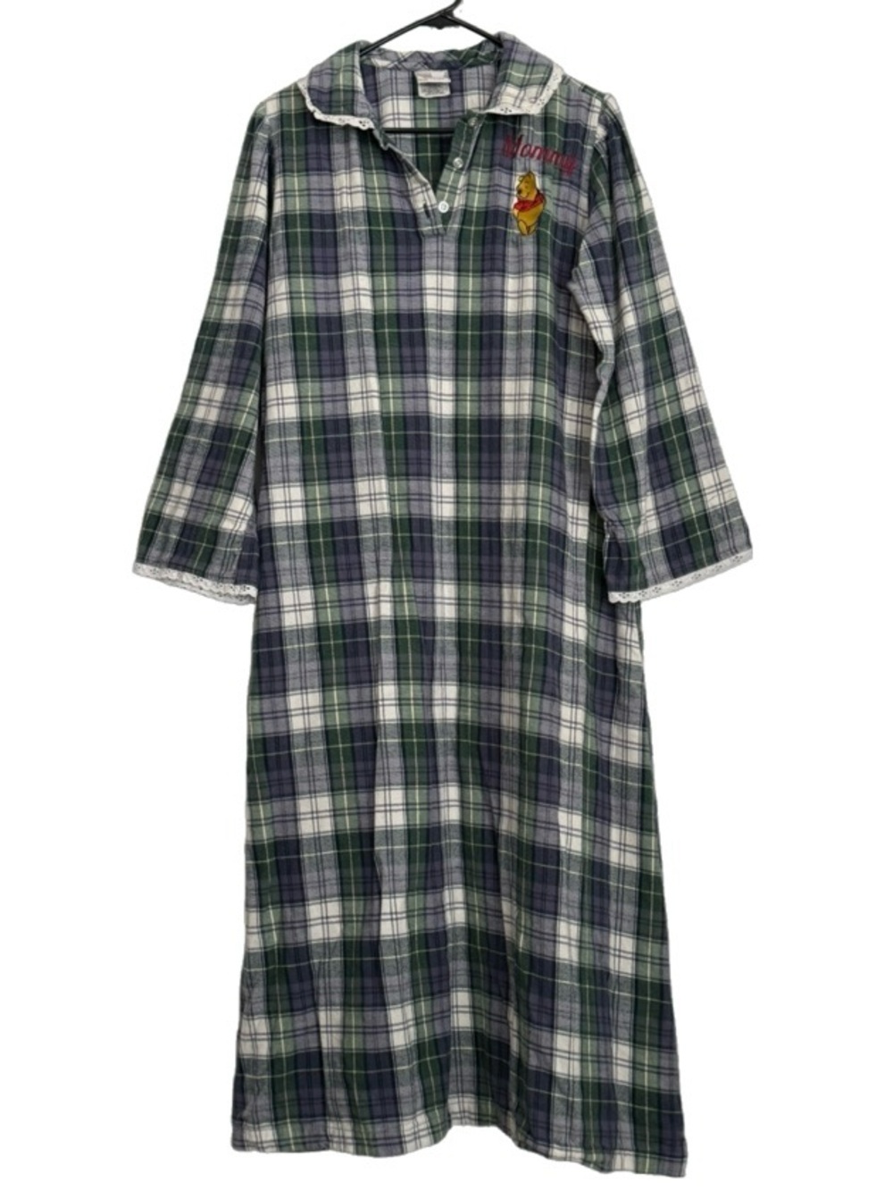 Vintage Disney Plaid Collared Flannel Winnie the Pooh Nightgown Navy Green XS/S